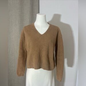 Women’s Quince 100% Organic Cotton Fisherman V-neck Sweater Camel Size XS